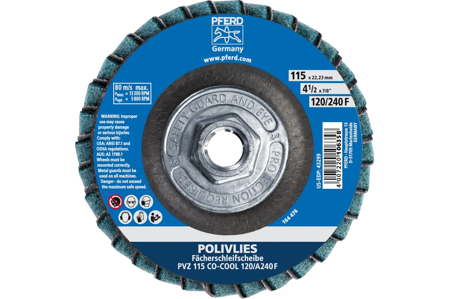 Picture of Pferd Polivlies® Non-Woven Flap Disc, 4-1/2"x 5/8-11, 120 Grit, Fine, Ceramic Co-Cool